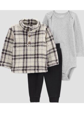 Baby Boy 3pc Plaid Button Up Sweater, Long Sleeve Bodysuit and Jogger Pants Set